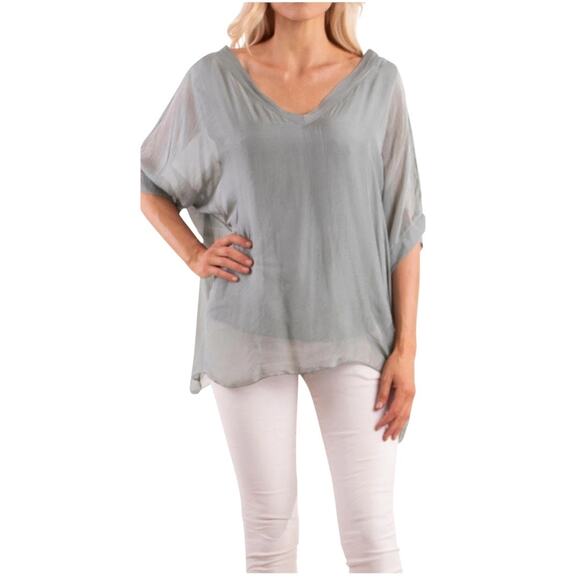 Lagenlook Gigi Moda Silk V-Neck Bat Wing Lined Blouse in green Made in Italy - Picture 1 of 12